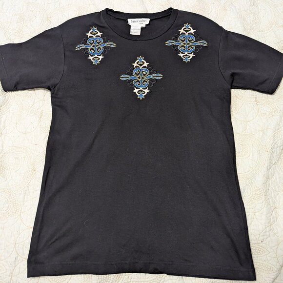 Vintage Franco Valeri T-Shirt Sz. M Black Embroidered - Picture 1 of 10